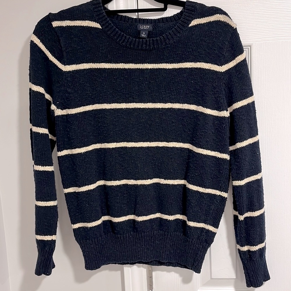 J Crew Heavyweight Cotton Stripe Crew Neck Sweater Navy Blue & Cream